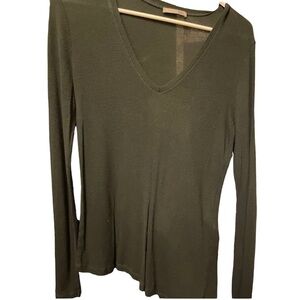 Zara Ribbed Long Sleeve Fitted Stretchy Green V-Neck Shirt